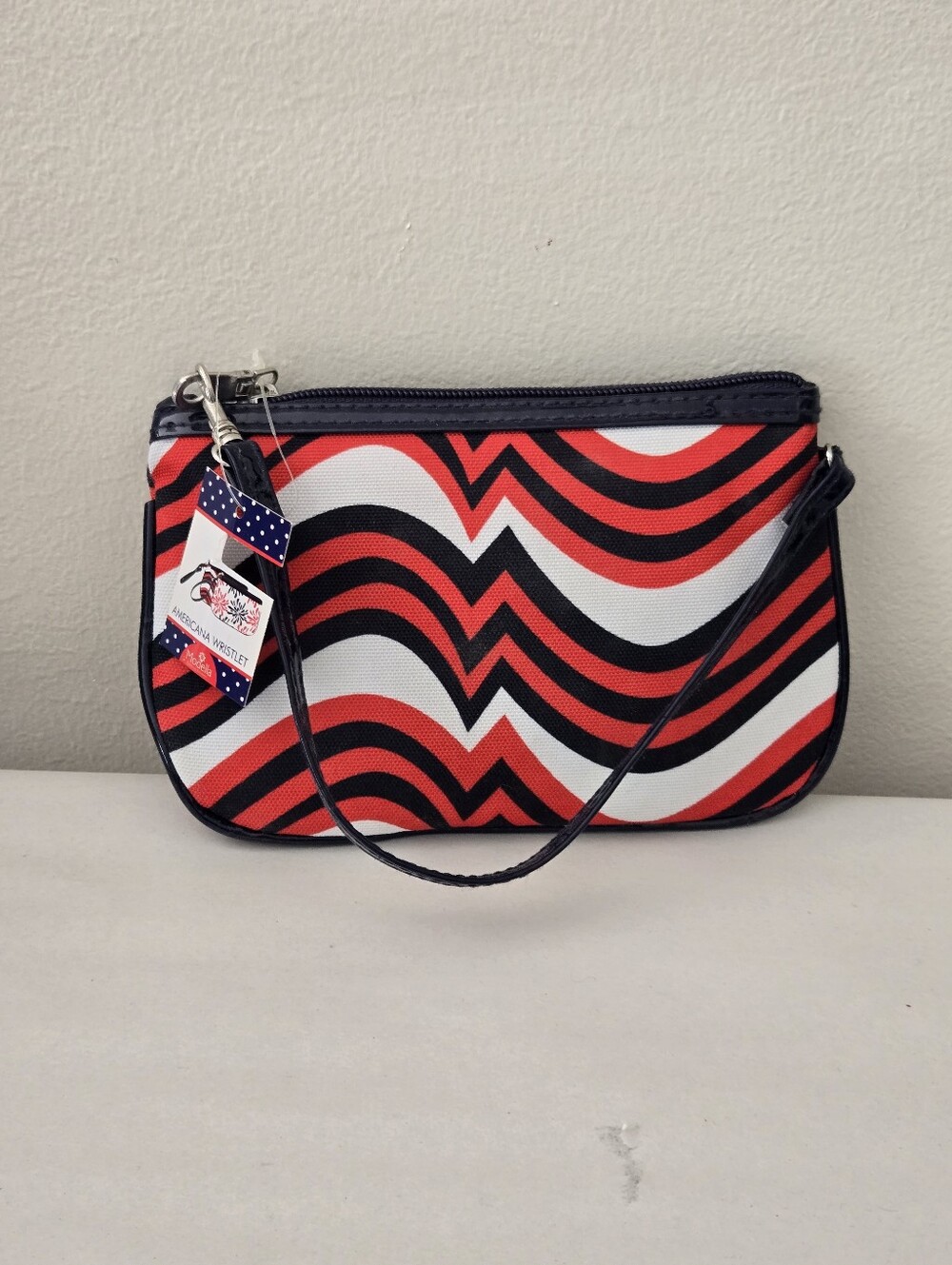 VTG NOS Modella Red White Blue Wave Print Wristlet Pouch